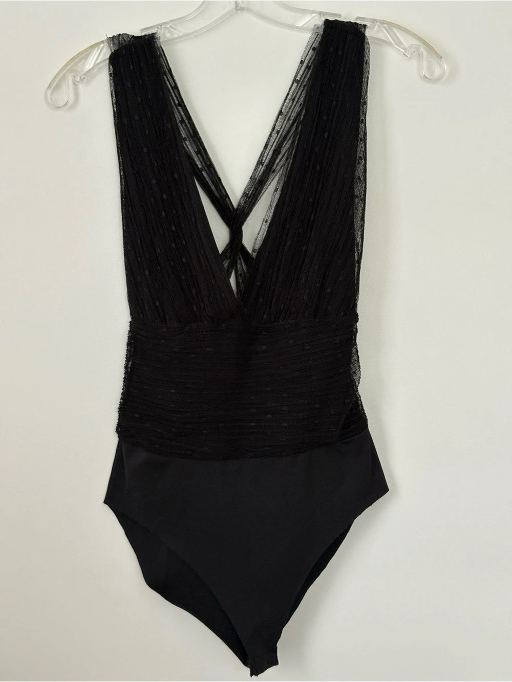 Zara Black Tulle Polka Dot Bodysuit S Sheer Cross Back Deep V Going Out